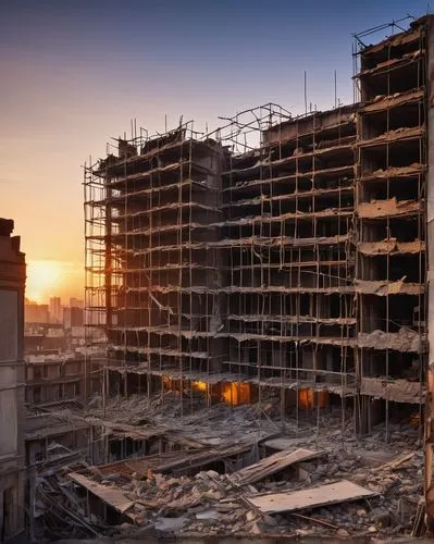 Demolition site, abandoned building, broken walls, rusty scaffolding, crumbling concrete, shattered windows, tangled rebar, dusty atmosphere, warm sunset lighting, urban landscape, cityscape, distant 