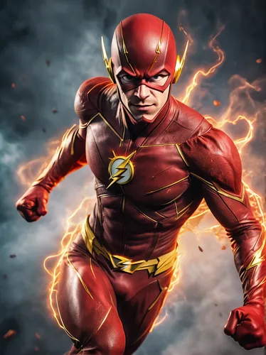 The flash in a floating action pose, looking at camera, forward facing, 3d, 8k, comic book style,flash unit,flash,external flash,flame robin,human torch,fireball,barry,flash memory,firespin,fiery,dare