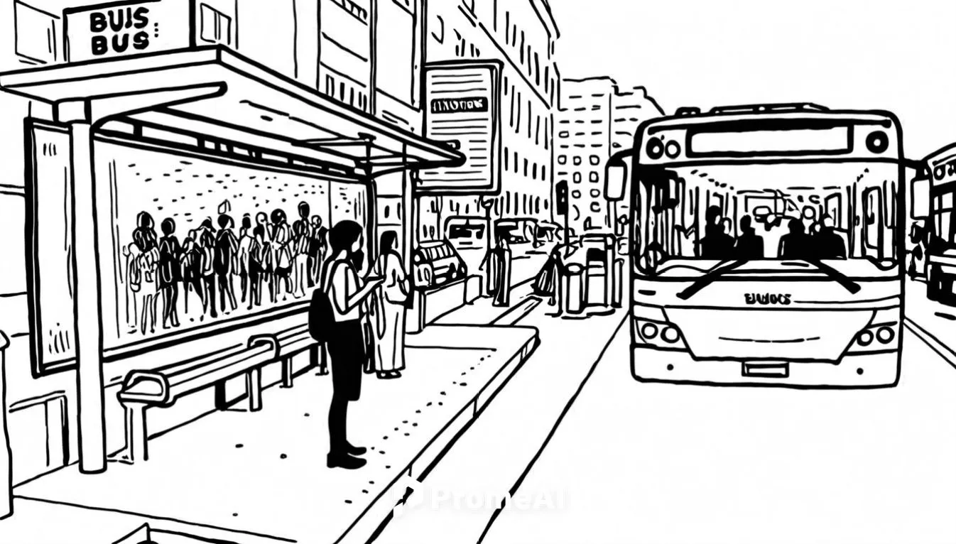 Bus stop, there's a few people waiting for a bus, the bus is just arrived.,mono-line line art,pedestrianisation,pedestrianized,shopfronts,streetcars,bus lane,bustling,pedestrian zone,shopping street,s