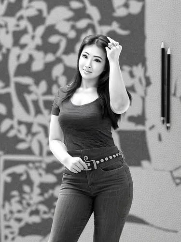 drawing pencil,plus-size model,plus-size,asian woman,vintage asian,black and white photo,curvy,mulan,female model,art model,color black and white,jeans background,black-and-white,grey background,thick