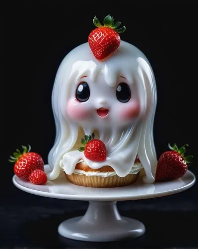 "a graceful cute chibi ghost, white, translucent.with a little strawberry cake in his hands. black background . photorealistic. movement",strawberry pie,strawberry tart,strawberry roll,strawberry dess