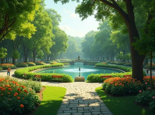 Vibrant greenery park, lush vegetation, various tree species, towering trees with dense foliage, sprawling lawns, meandering walking paths, serene lake in the center, tranquil water features, elegant 