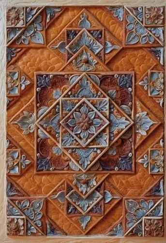 terracotta tiles,patterned wood decoration,ceramic tile,spanish tile,floor tile,pachisi,Photography,General,Realistic