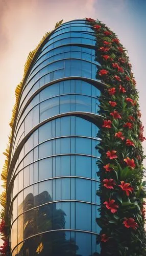 Bird-shaped skyscraper, modern futuristic design, sleek metallic feathers, intricate wing details, reflective glass windows, luxurious rooftop garden, tropical plants, vibrant flowers, curved lines, a