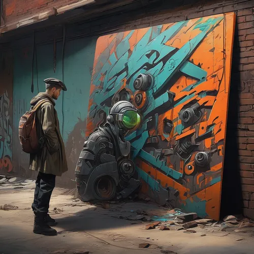 bicycle mechanic,scrap dealer,street artists,street artist,mechanic,scrap collector,graffiti art,scrapyard,graffiti,sci fiction illustration,fallout4,junkyard,gas tank,welder,warsaw uprising,car mechanic,fishmonger,steel door,junk yard,cyberpunk,Illustration,Retro,Retro 09