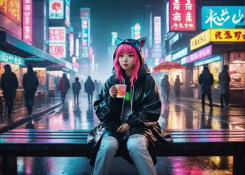 Neo-Tokyo cityscape, futuristic skyscrapers, neon lights reflecting off wet pavement, maxi coat, zoom lens close-up, Dweebies mascot character, cute expressive eyes, colorful hair clips, pastel-colore