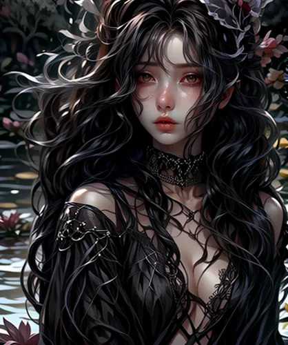 black rose,rusalka,fallen petals,fantasy portrait,crow queen,elven flower,widow flower,the enchantress,ivy,flora,thorns,seerose,water rose,wilted,black rose hip,artemisia,fantasy art,dryad,fallen flower,filigree