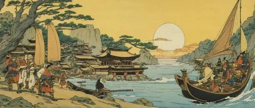 cool woodblock images,miyajima,ginkaku-ji,honzen-ryōri,oriental painting,tsukemono,japanese art,the golden pavilion,kinkakuji,boat landscape,wakayama,yi sun sin,japan landscape,woodblock prints,dragon boat,sumida,orientalism,chinese art,amano,ancient parade,Illustration,Retro,Retro 18