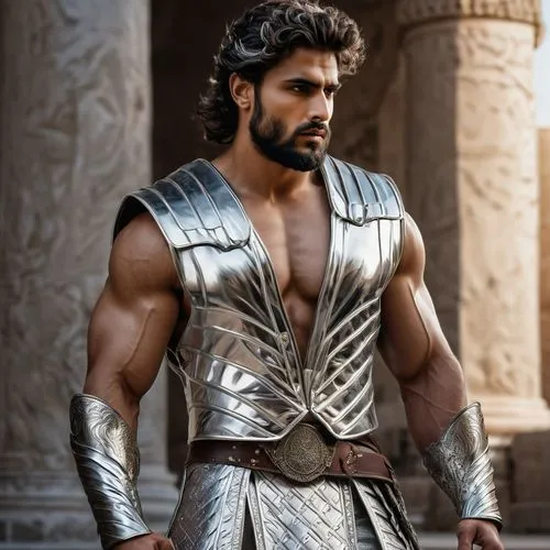 A son of Zeus as a full god, wearing silver metal pants, silver metal vest and silver metal boots, he is quite muscular, Afghani, insanely handsome ,a son of Zeus who is a full god outside a temple ,t