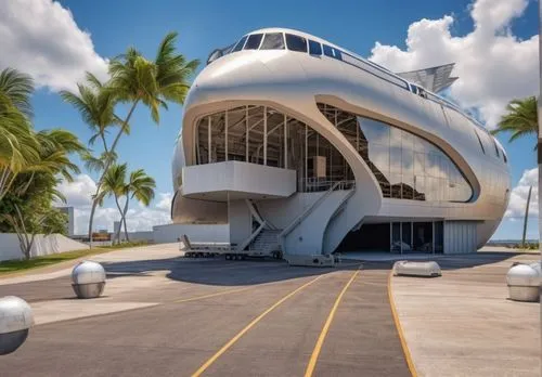 yacht exterior,coastal motor ship,futuristic art museum,futuristic architecture,concrete ship,roof domes,helipad,flying boat,musical dome,edsel bermuda,private plane,very large floating structure,control tower,maldives mvr,cube stilt houses,luxury yacht,alien ship,boeing 307 stratoliner,hangar,cruise ship,Photography,General,Realistic