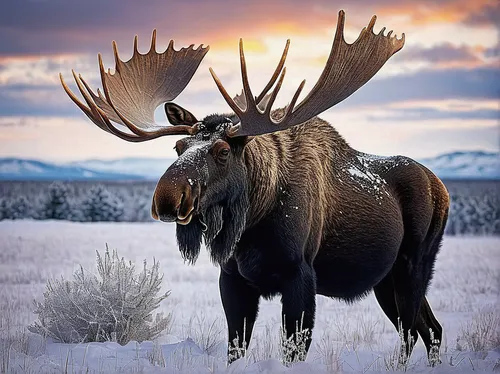 Craft a poetic description of the majestic beauty of a bull moose roaming freely through the snow-covered plains of Wyoming.,elk bull,bull moose,elk,moose,bull elk resting,moose antlers,wyoming bull m