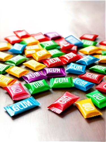 Gum packets, colorful wrappers, shiny surface, rectangular shape, transparent plastic, detailed texture, scattered on floor, close-up shot, shallow depth of field, soft natural light, warm color tone.