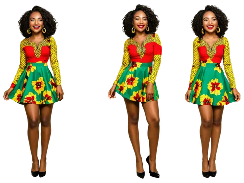 Nigerian lady, beautiful, dark skin, curly black hair, bright smile, golden earrings, elegant makeup, red lipstick, yellow and green Ankara print dress, long sleeves, high waist, flared legs, black he