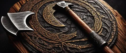 hunting knife,hatchet,tomahawk,throwing axe,axe,wood carving,vikings,dane axe,viking ship,stonemason's hammer,carved wood,cuttingboard,butcher ax,scythe,wood background,viking,wood tool,embossed rosewood,wood shaper,bowie knife,Conceptual Art,Sci-Fi,Sci-Fi 05