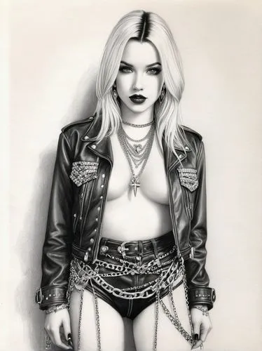 PIPER PERRI, in 1990s Heavy Metal clothes, chains, rivets,madonna,lotus art drawing,pencil drawing,pencil drawings,marylyn monroe - female,charcoal pencil,femme fatale,poison,fashion illustration,bad 