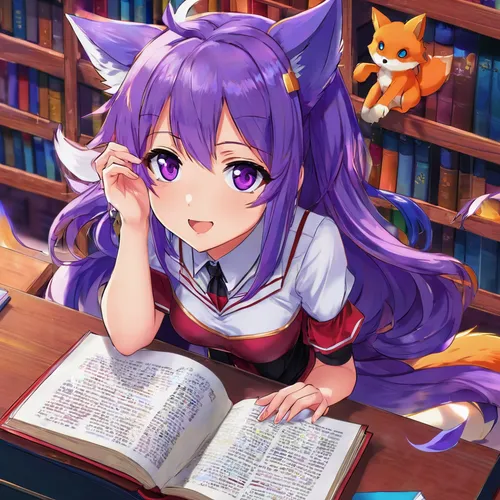 reading,bookworm,scholar,cat ears,tutor,girl studying,librarian,nyan,tutoring,relaxing reading,ako,literature,cute fox,to study,library book,read a book,calico cat,book store,book glasses,reading glasses,Illustration,Japanese style,Japanese Style 03