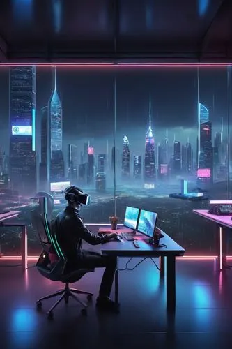 cyberpunk,neon human resources,modern office,blur office background,computer room,working space,night administrator,computer desk,futuristic landscape,cyberspace,futuristic,cyber,sci fiction illustration,desk,computer workstation,creative office,workspace,offices,study room,man with a computer,Illustration,Paper based,Paper Based 02