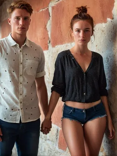 A woman with a neat hairstyle and freckles stands in front of a wall. A suitable male partner can be seen next to her, holding her hand.,a man and woman in shorts standing next to a brick wall,young c