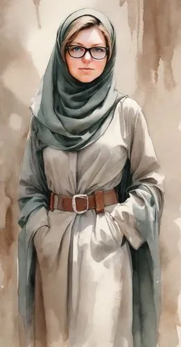 Burka,a woman in glasses wearing a hijab, posing with her hand on her hip,rajavi,khatoon,zaytuna,girl in cloth,hijab,muslim woman,Digital Art,Watercolor