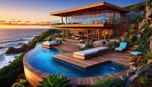 oceanfront,beach house,ocean view,dreamhouse,cliffs ocean,oceanview,tropical house,infinity swimming pool,luxury property,beautiful home,luxury home,house by the water,pool house,beachfront,ocean paradise,beachhouse,cliffside,clifftop,holiday villa,dream beach,Illustration,Realistic Fantasy,Realistic Fantasy 24