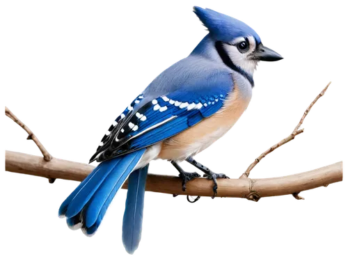 Blue jay, perched, solo, vibrant blue feathers, white belly, black necklace, detailed eyes, small beak, wooden branch, morning dew, soft natural light, 3/4 composition, shallow depth of field, warm co