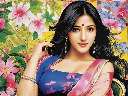 anushka shetty,sari,indian celebrity,pooja,radha,floral rangoli,saree,lakshmi,indian art,tamil culture,indian woman,indian girl,east indian,chetna sabharwal,rangoli,jaya,humita,flower painting,lindia,indian girl boy,Illustration,Japanese style,Japanese Style 04