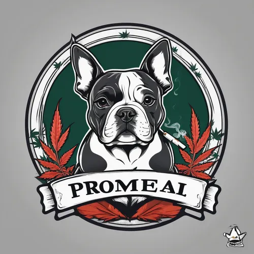 Logo for Promeai on the theme of american bully puppy sitting and smoking joint, Marijuana logo theme. Vector art. Hand drawn,pioneer badge,pomade,prohibit,boston terrier,amstaff,proa,proclaim,broadle