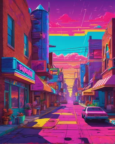 colorful city,neon arrows,80s,80's design,suburb,neon coffee,cityscape,retro background,retro styled,retro diner,neighborhood,street canyon,downtown,neon,aurora village,dusk,the street,world digital painting,aesthetic,alley,Conceptual Art,Sci-Fi,Sci-Fi 27