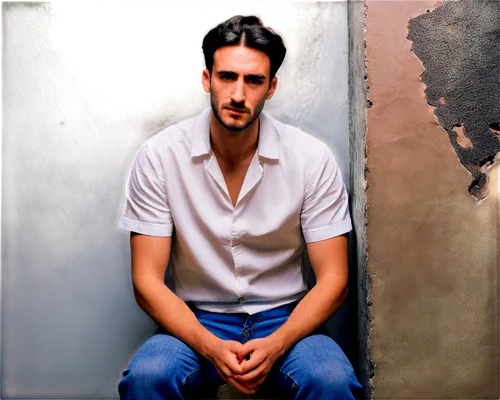 Man, sadness, solo, (30yo), handsome face, sorrowful eyes, black hair, beard, white shirt, dark blue jeans, bare feet, sitting on floor, leaning against wall, lonely atmosphere, dim lighting, shallow 