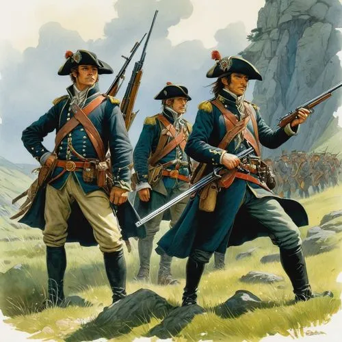 British Napoleonic era dragon hunters, riflemen
,a painting of men in military uniforms with rifles,hessians,confederates,arquebusiers,muskets,bayonets,colonials,militiamen,minutemen,flintlocks,cannon