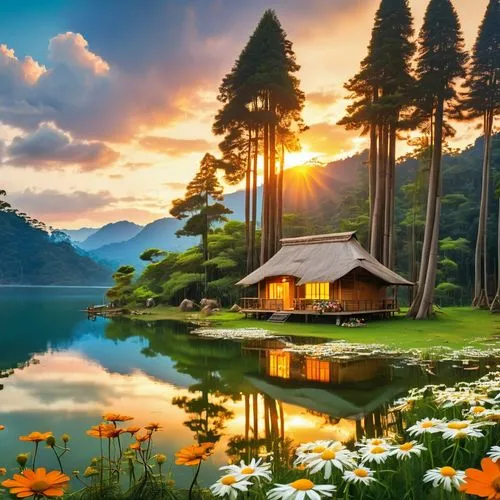 beautiful landscape,summer cottage,beautiful lake,beautiful japan,landscape background,landscapes beautiful,house with lake,nature landscape,background view nature,home landscape,japan landscape,lake bled,landscape nature,austria,natural scenery,tranquility,slovenia,idyllic,golden pavilion,the cabin in the mountains,Photography,General,Realistic