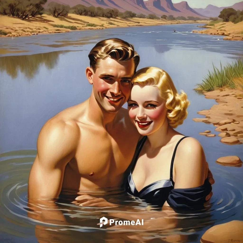 una bella mujer rubia de 30 años y su  marido de 30 años de pelo corto castaño y liso nadan y se abrazan alegremente en un rio solitario de sudafricano en 1931,the blonde in the river,radebaugh,vintag