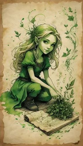 dryad,green mermaid scale,faery,faerie,fairy tale character,green dragon,fae,background ivy,the enchantress,marie leaf,poison ivy,girl with tree,green waste,forest clover,trembling grass,fantasy art,little girl fairy,seedling,green aurora,halm of grass,Illustration,Black and White,Black and White 08