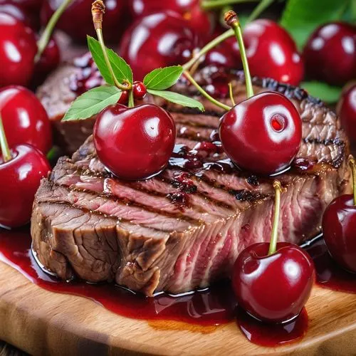 venison,food photography,cranberry sauce,kükchen,jewish cherries,great cherry,gastronomy,sautéed reindeer,cranberry,blood currant,rumpsteak,wall,steak,sour cherries,fillet of beef,cherries in a bowl,delicacy,aaa,red grapes,heart cherries