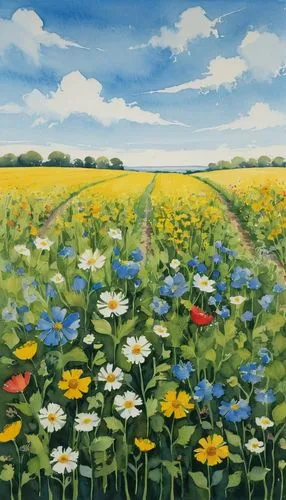 flower field,flowers field,flower meadow,field of flowers,blooming field,summer meadow,Illustration,Paper based,Paper Based 22