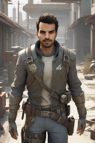 walking in fallout 4 as character, anime portrait,shepard,fallout4,male character,mercenary,main character,deacon,cargo pants,game character,fresh fallout,infiltrator,combat medic,cullen skink,pompado