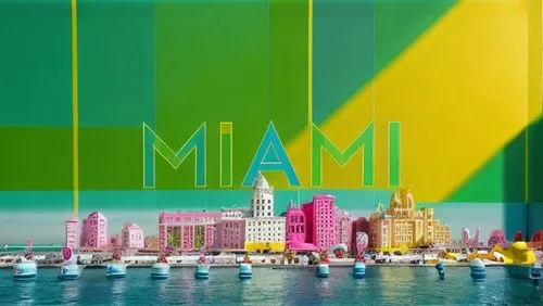 cityscape in a large print with the words miami surrounded by other buildings,miamis,miami,miamians,hkmiami,south beach,colorful city,Realistic,Fashion,Playful And Whimsical