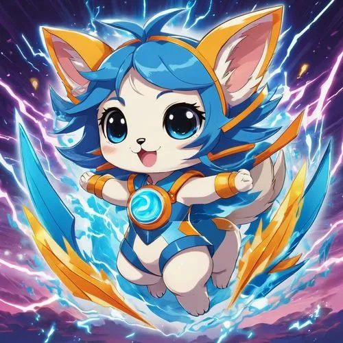 A dynamic thunderbolt integrated with playful imagery of a cute fantasy pet and a cute 20 year old girl. The thunderbolt should symbolize energy and excitement, while the cute fantasy pet elements con