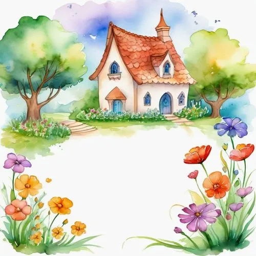 houses clipart,springtime background,spring background,watercolor background,children's background,landscape background,Illustration,Realistic Fantasy,Realistic Fantasy 01