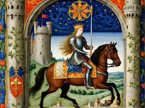 Style of the image from the "Magnificent Book of Hours of the Duke of Berry" by the Limbourg brothers, Illuminated manuscript. A medieval mounted knight in armor and with a lance, on a horse with a fu