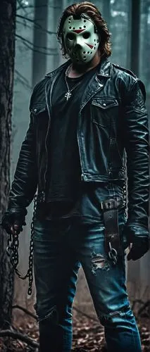 Jason Voorhees' brother, muscular man, horror theme, eerie atmosphere, dark forest, misty surroundings, rugged clothing, torn jeans, black leather jacket, silver chains, intimidating gaze, messy brown