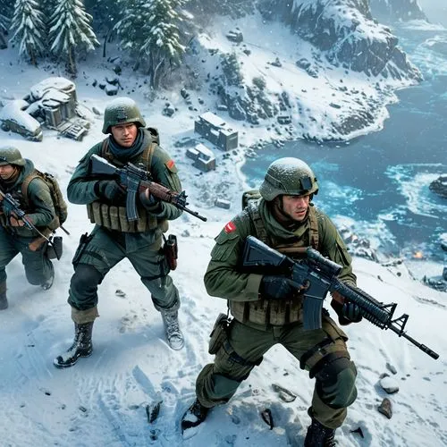 8k image, unit of soldiers in 2 tranches opposite to eachother, firing with bullets, throwing grandes, neon blue explosions ,the soldiers are on their knees and ready for action,bfv,commandos,montagne