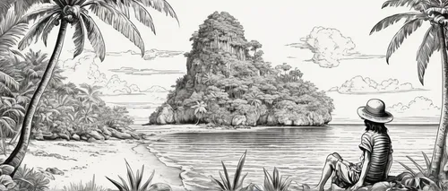 artocarpus odoratissimus,an island far away landscape,palm pasture,karst landscape,polynesia,artocarpus,moorea,palmtrees,araucaria,coconut trees,cocos nucifera,cartoon palm,the island,samoa,leucaena,tropical tree,maya civilization,the roots of the mangrove trees,palmtree,monkey island,Illustration,Retro,Retro 24