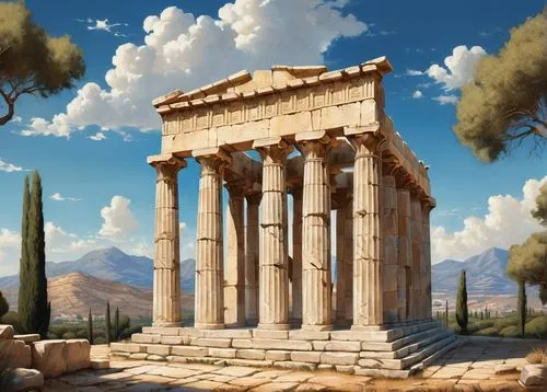 greek temple,roman temple,laodicea,temple of diana,delphi,baalbek,temple of hercules,caesonia,palmyra,erechtheus,tiryns,doric columns,capitolium,herakleion,acropolis,artemis temple,celsus,metapontum,lectionis,celsus library,Art,Artistic Painting,Artistic Painting 45