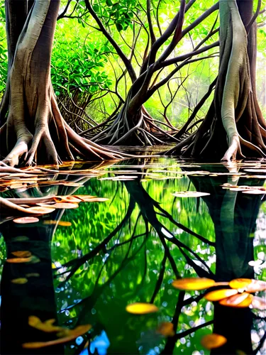 the roots of the mangrove trees,eastern mangroves,mangroves,reflection in water,water reflection,backwaters,reflections in water,green trees with water,mangrove,tree and roots,reflection of the surface of the water,mirror water,the roots of trees,art forms in nature,row of trees,lilly pond,water mirror,hoan kiem lake,nature art,bodhi tree,Illustration,Realistic Fantasy,Realistic Fantasy 39