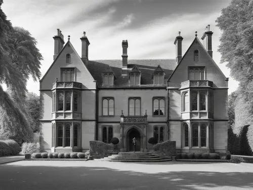 Transform the famous drawing by Bill Denny “Malvern College, House Nr. 7” into a contemporary, high-resolution black and white photo in an impressive way.,a large, elegant house sitting next to an ove