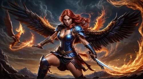 a big flying phoenix bird of lighting swooping in from the westside of the image ,fire angel,dark angel,archangel,the archangel,death angel,uriel,sorceress,firebird,fire siren,phoenix,angelology,femal