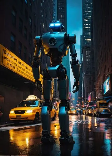 AI, futuristic robot, metallic body, glowing blue eyes, sleek hairstyle, standing, New York City, skyscraper, concrete jungle, urban landscape, nighttime, bright neon lights, bustling streets, crowded