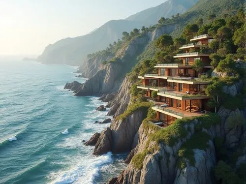 Seaside cliffside, ocean waves crashing, salty air, rugged coastline, harmonious integration, modern architecture blending with nature, green roofs, living walls, natural stone fa\u00e7ades, wooden ac