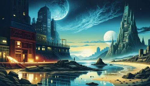 a sci fiction scenery with a fantasy world and neon lights,sci fiction illustration,bioshock,fantasy city,fantasy landscape,fantasy picture,citadels,Illustration,Realistic Fantasy,Realistic Fantasy 25